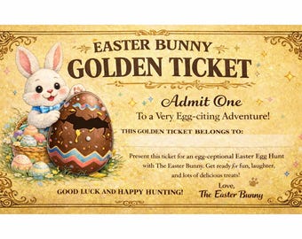 Boleto dorado de Pascua imprimible, premio de búsqueda de huevos de Pascua, boleto dorado del conejito de Pascua.