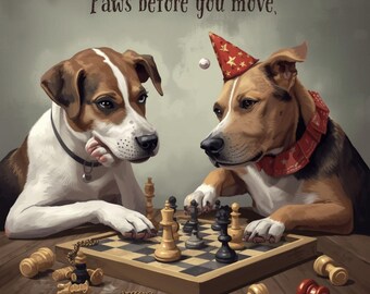 Póster de perro divertido, regalo para amantes de los perros, póster de perro jugando al ajedrez, arte de pared para niños, descarga gratuita