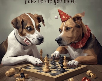 Arte de perros jugando al ajedrez: decoración de pared con animales divertidos