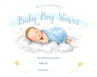 Plantilla de invitación para baby shower azul, editable y de descarga instantánea