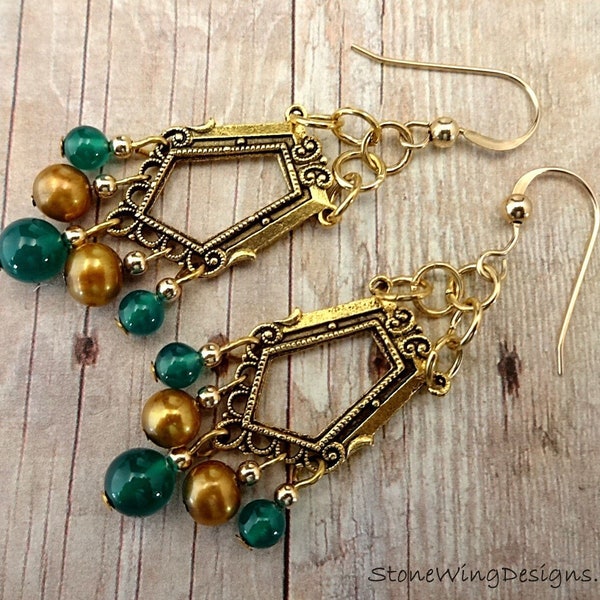 Chandelier Earrings with Green Onyx and Gold Pearls, Art Deco Style, Green Gemstones, Gift for Her