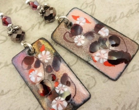 Artisan Enamel, Dark Brown, Red, Maroon and Pink Enamel Earrings, Boho Artisan Earrings, Gift for Her, One of a Kind Jewelry