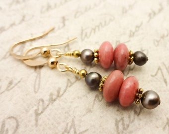 Rhodonite Gemstone Earrings, Rhodonite and Pearl Earrings, Pink and Brown Dangle Earrings, Gift for Her