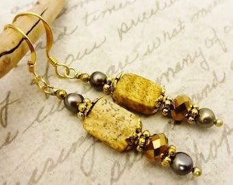 Picture Jasper Earrings: Pearl Dangle, Gold Plated Surgical Steel