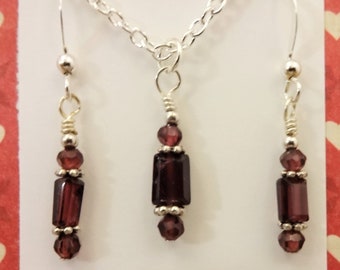 Dainty Garnet Necklace and Earrings Set: Sterling Silver Jewelry