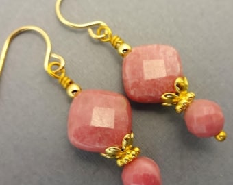 Rhodonite Gemstone Dangle Earrings: Rose Pink Jewelry