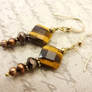 Tiger Eye, Freshwater Pearl and Crystal Earrings, Brown Dangle Earrings, 14k Gold Fill Earrings, Mothers Day Gift, Gift for Her