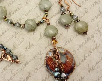 Artisan Ceramic Pendant Necklace with Green Jasper & Czech Glass - Boho Jewelry Set