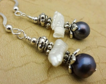 Biwa and Peacock Pearl Earrings: Sterling Silver Wire Dangle