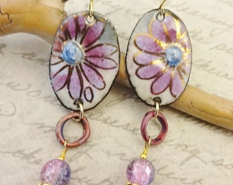 French Enamel Flower Earrings: Magenta, White, and Blue