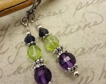 Amethyst Iolite Peridot Gemstone Earrings: Sterling Silver Ear Wires