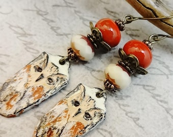 Colorized Pewter Owl Earrings with Lampwork Glass: Rust Orange and Cream