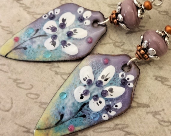 Artisan Enamel Earrings, Lavender and Aqua One of a Kind Artisan Earrings, Handmade Earrings, Gift for Her