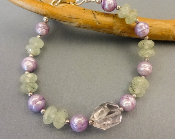 Amethyst and Prehnite Gemstone Bracelet, Gemstone and Pearls, Chunky Bracelet, February Birthstone, Gift for Her