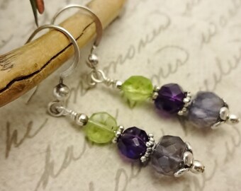 Iolite Amethyst and Peridot Gemstone Earrings with Sterling Silver Ear Wires, Gift for Mom, Gift for Her, Multi-Stone Jewelry