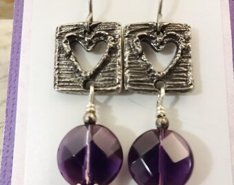 Amethyst and Artisan Pewter Heart Earrings: February Birthstone