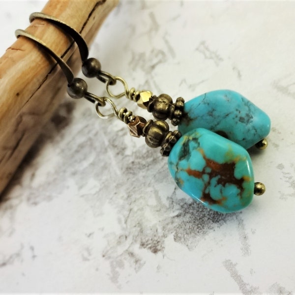 Turquoise and Antique Gold Earrings, Boho Turquoise Earrings, Turquoise Gemstone Nugget Earrings, Gift for Her