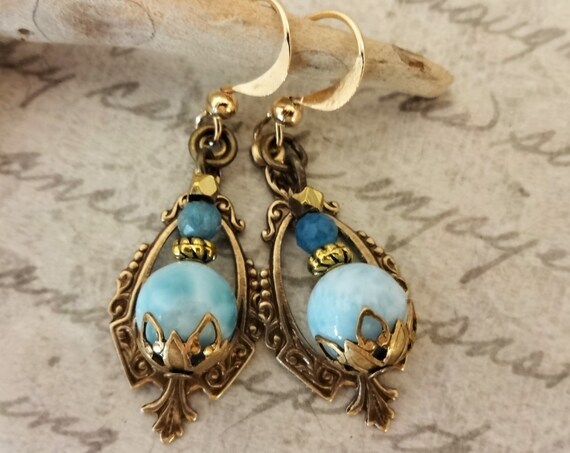 Larimar, Apatite and Antique Brass Filigree Earrings, Blue Gemstone Earrings, Vintage Style Gemstone Earrings