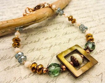 Mother of Pearl Bracelet: Czech Firepolish Rondelles, Boho Style