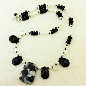 Black Onyx & Pearl Necklace: Pinolith Gemstone, Sterling Silver