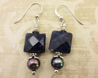 Handmade Sodalite & Peacock Pearl Earrings: Sterling Silver Hooks