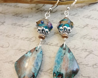 Natural Shattuckite Wings and Lampwork Glass Earrings; Dark Aqua Blue Gemstones