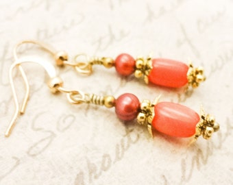 Peachy Coral and Burnt Orange Pearl Earrings, Short Dangle Earrings, Orange Gemstone Jewelry, Gift for wife, Gift for Mom