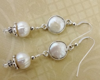 White Coin Pearl Earrings: Sterling Silver, Swarovski Crystal Dangle