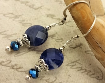 Sodalite & Crystal Earrings: Sterling Silver French Hook, 1.5"