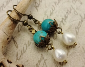 Turquoise and Pearl Earrings: Antique Brass Boho Dangles