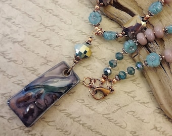 Artisan Ceramic Bird Pendant Necklace: Purple Aqua Czech Glass