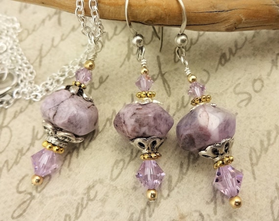 Charoite Nuggets and Swarovski Crystals with Silver and a Little Gold, Necklace and Earrings Set, Gift for Her
