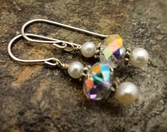 Swarovski Crystal Pearl Earrings, Sterling Silver, Bridal Jewelry