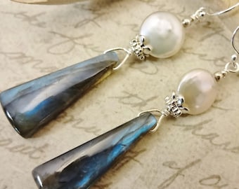 Labradorite Earrings with White Coin Pearls: Blue Flash Gemstone