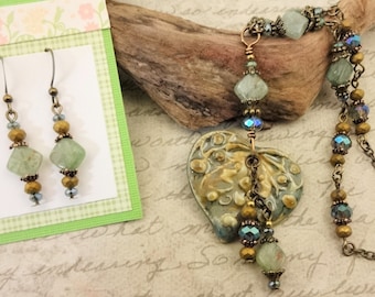 Ceramic Heart Necklace: Green Kyanite, Czech Crystal, Antique Brass Chain