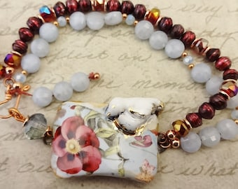 Artisan Ceramic Bird Bracelet: Blue Lace Agate, Red Pearls