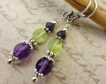 Amethyst Iolite and Peridot Gemstone Earrings with Sterling Silver Ear Wires, Gift for Mom, Gift for Her, Multi-Stone Jewelry