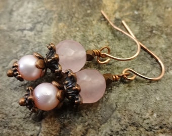 Rose Quartz Earrings, Pink Pearl, Copper Shepherd's Hook