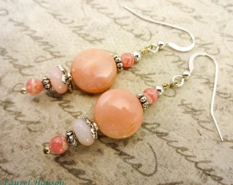 Pink Peruvian Opal and Rhodochrosite Earrings, Pink Gemstone Earrings, Feminine Jewelry, For Her, Gift for Mom, Gift for Wife