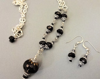 Black Onyx Necklace and Sterling Silver Earrings Set