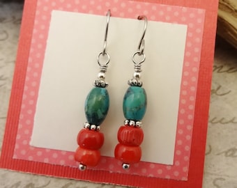 Turquoise and Coral Gemstone Earrings, Gift for Her, December Birthstone, Birthday Gift, Southwestern Jewelry