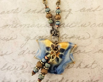 Blue and Tan Ceramic Necklace with Czech Glass Rondelles on Antique Gold Chain, Gift for Her