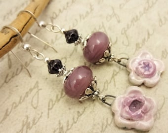 Shabby Chic Ceramic Flower Earrings: Lavender Lamp Glass, Artisan Made