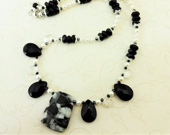 Black Onyx & Pearl Necklace: Pinolith Gemstone, Sterling Silver