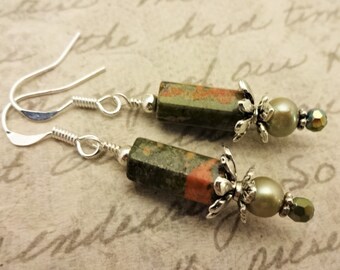 Unakite, Pearl and Crystal Earrings, Green Gemstone Earrings, Green and Orange Gemstone Earrings, Gift for Her