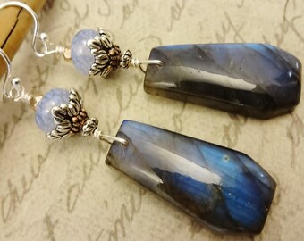 Labradorite Earrings with Lampwork Glass: Blue Flash Gemstone