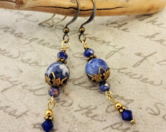 Sodalite, Swarovski and Czech Firepolish Earrings with Antique Gold Metal, Gift for Her, Blue Gemstone Earrings