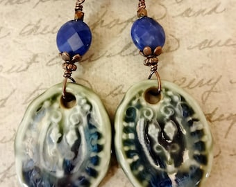 Bohemian Ceramic Oval Earrings: Sodalite Blue Green