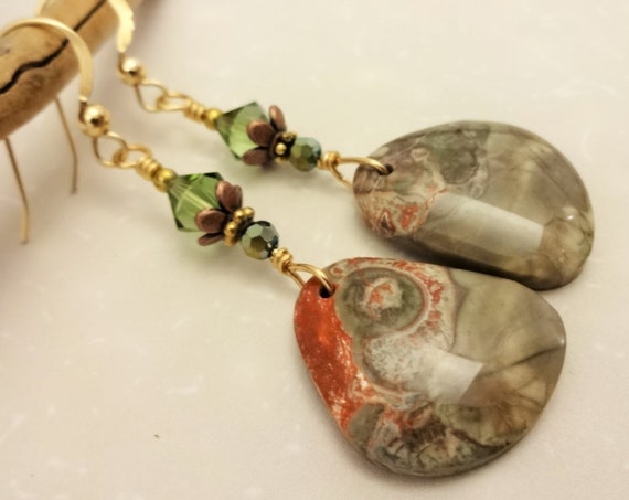 Mushroom Ryolite Jasper and Swarovski Crystal Earrings, Stone Wing Earrings, Boho Stone Earrings, Gift for Her