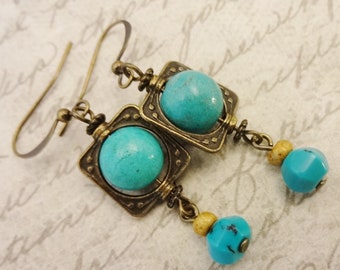 Long Turquoise Earrings: Antique Brass Bead Frames, Rustic Boho Style